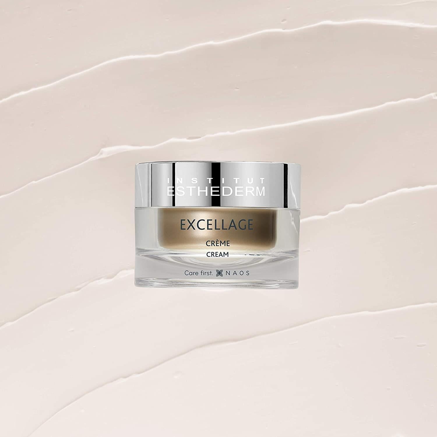 Institut Esthederm Excellage face cream jar with silver lid on beige backdrop on Tampa Home & Garden Store