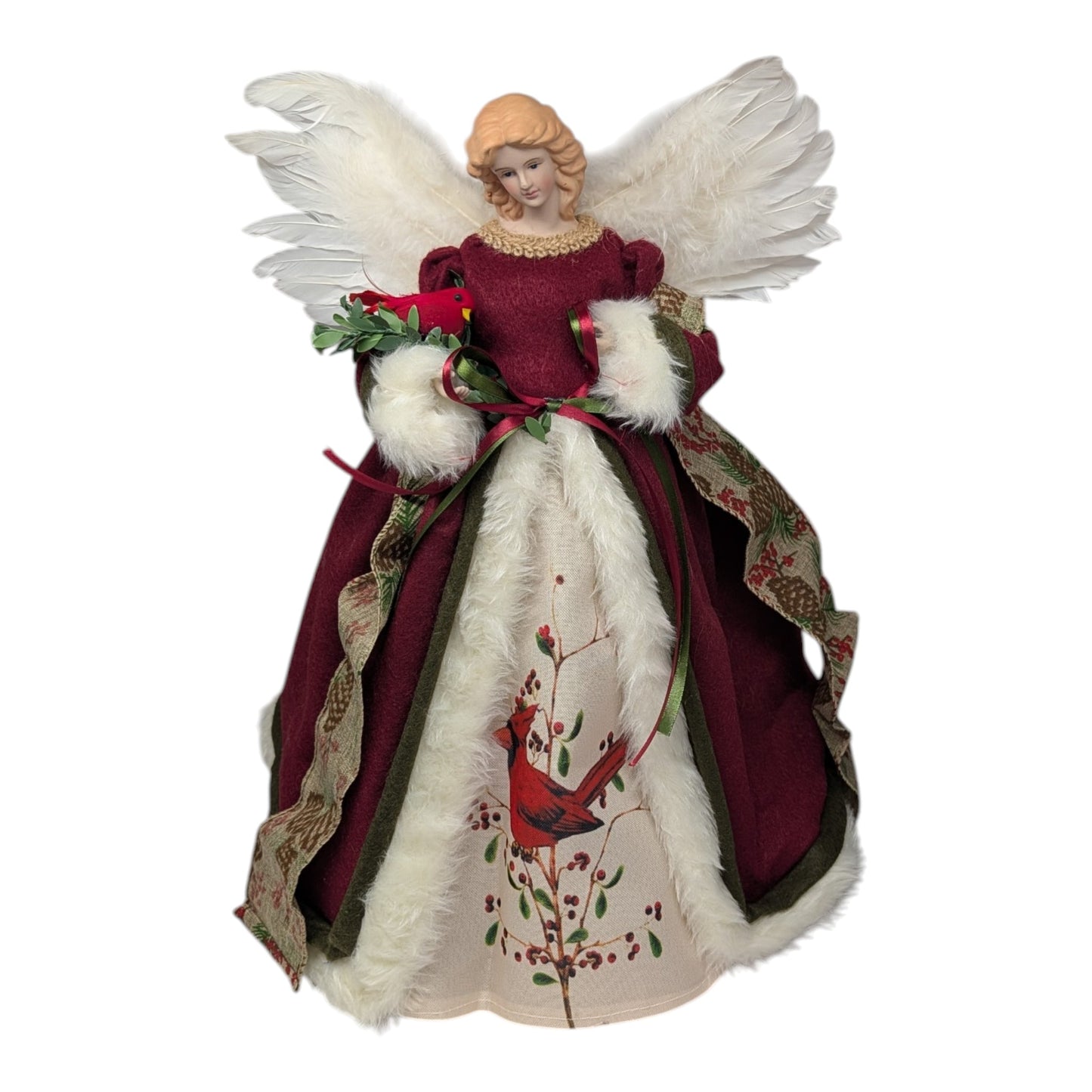 Cardinal Angel Tree Topper burgundy velvet gown with cream fur, greens by The Country Christmas Loft on Tampa Home & Garden Store