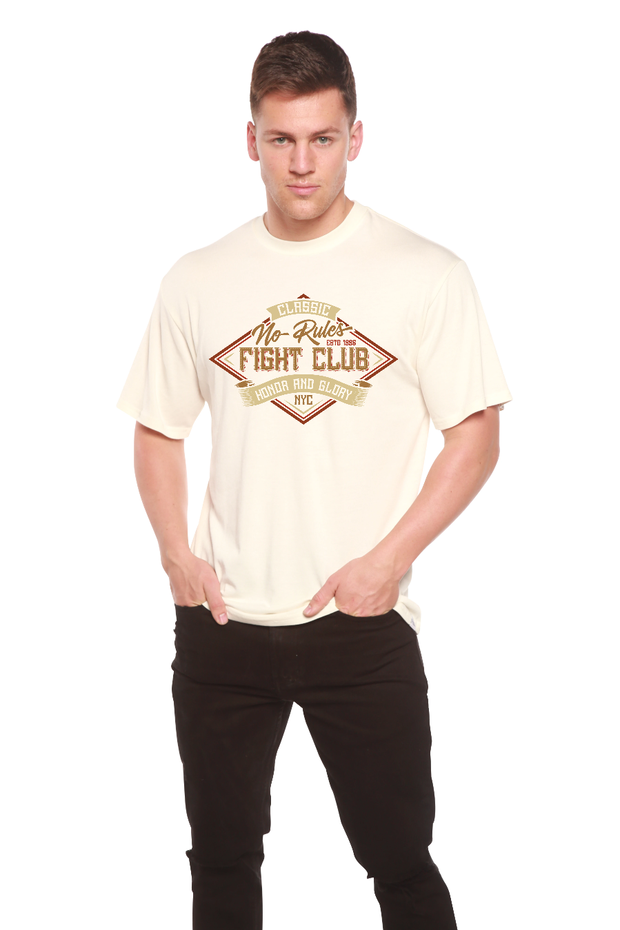 Fight Club men's bamboo viscose organic cotton graphic T-shirt cream with red Spun Bamboo on Tampa Home & Garden Store