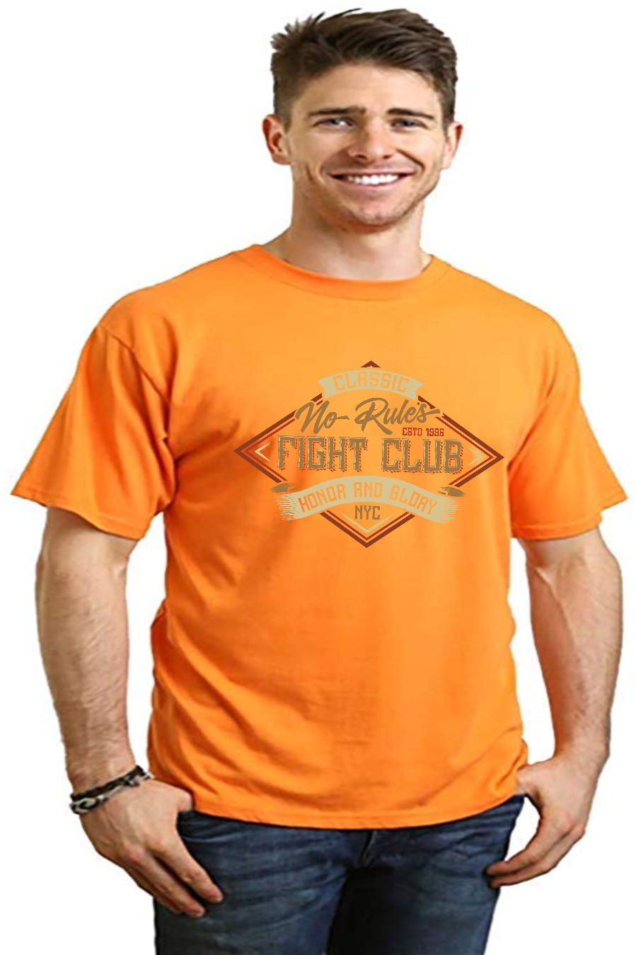 Fight Club men's orange bamboo viscose organic cotton short sleeve graphic t-shirt on Tampa Home & Garden Store