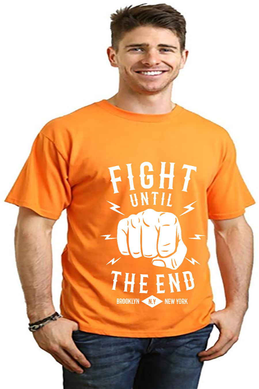 Men's orange Fight Until graphic T-shirt in bamboo viscose/organic cotton by Spun Bamboo with fist print on Tampa Home & Garden Store