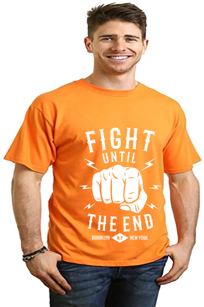 Men's orange Fight Until graphic T-shirt in bamboo viscose/organic cotton by Spun Bamboo with fist print on Tampa Home & Garden Store