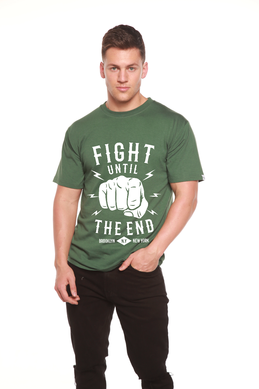 Fight Until men's green T-shirt with fist, bamboo viscose/organic cotton sleeves Spun Bamboo on Tampa Home & Garden Store