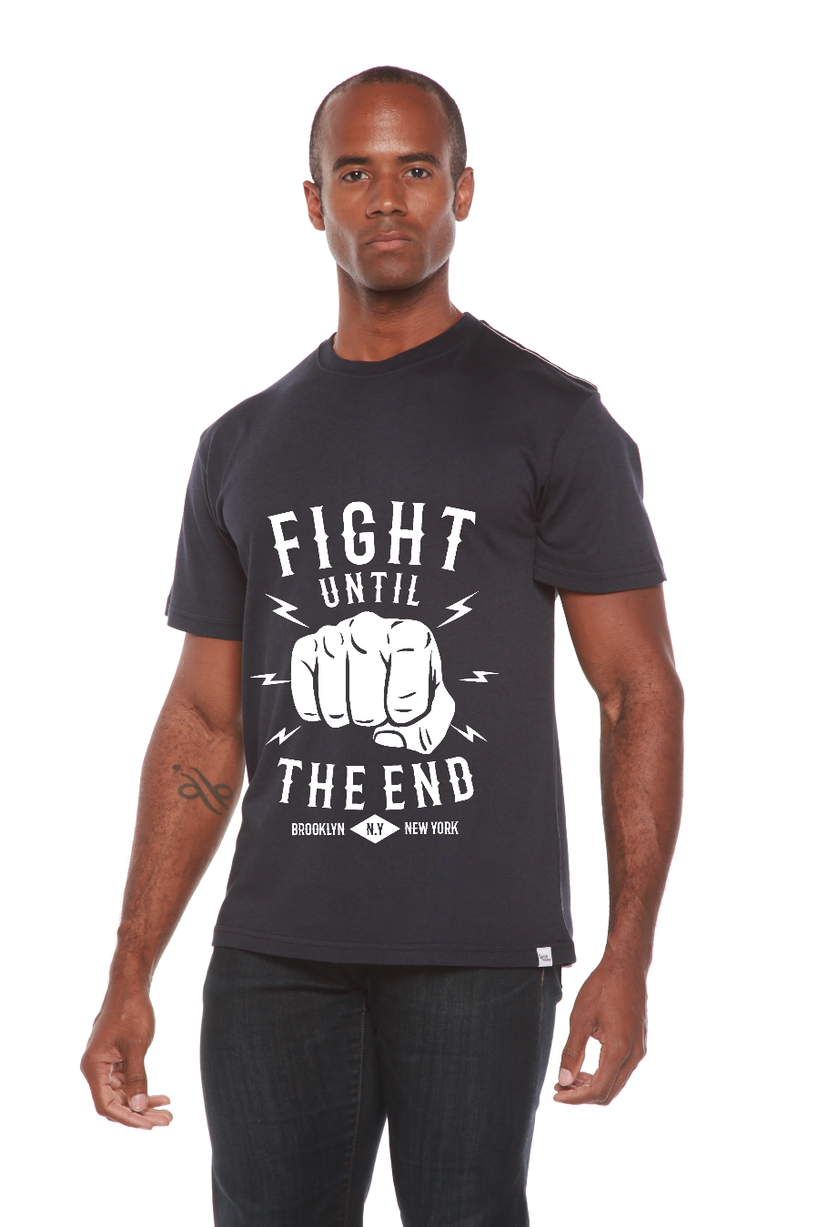 Men's black tee with Fight Until The End fist, bamboo viscose/organic cotton, Spun Bamboo on Tampa Home & Garden Store
