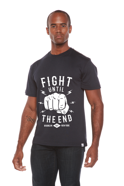 Men's black tee with Fight Until The End fist, bamboo viscose/organic cotton, Spun Bamboo on Tampa Home & Garden Store