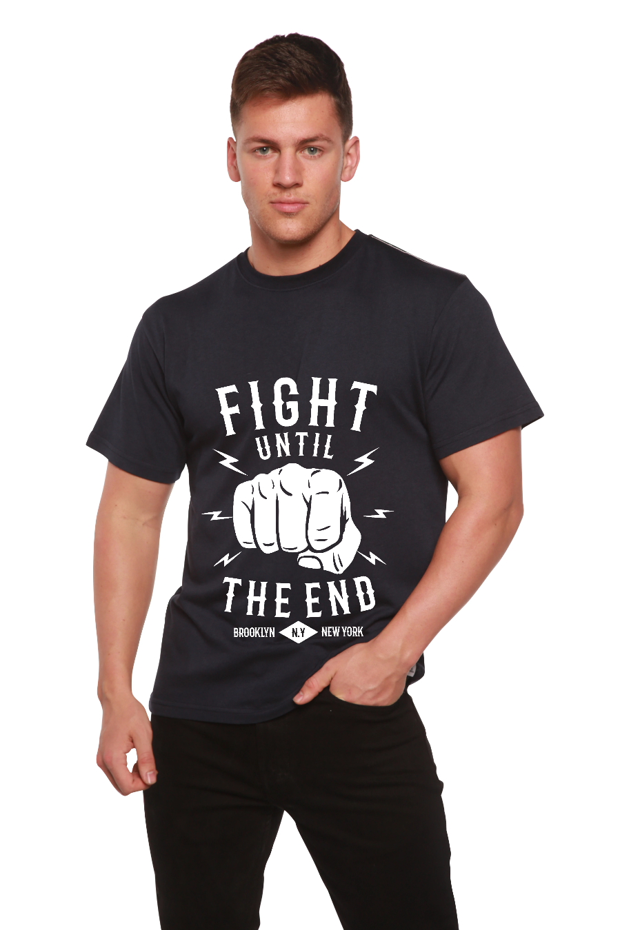 Fight Until men's bamboo viscose organic cotton T-shirt navy with fist design on Tampa Home & Garden Store