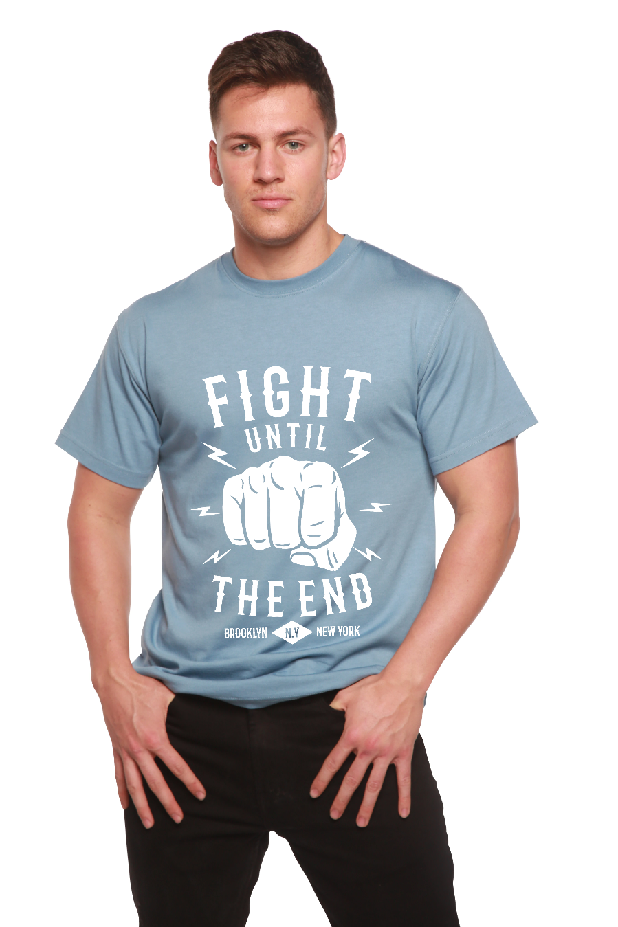Fight Until mens bamboo viscose/organic cotton sleeve tee blue with fist print Spun Bamboo on Tampa Home & Garden Store