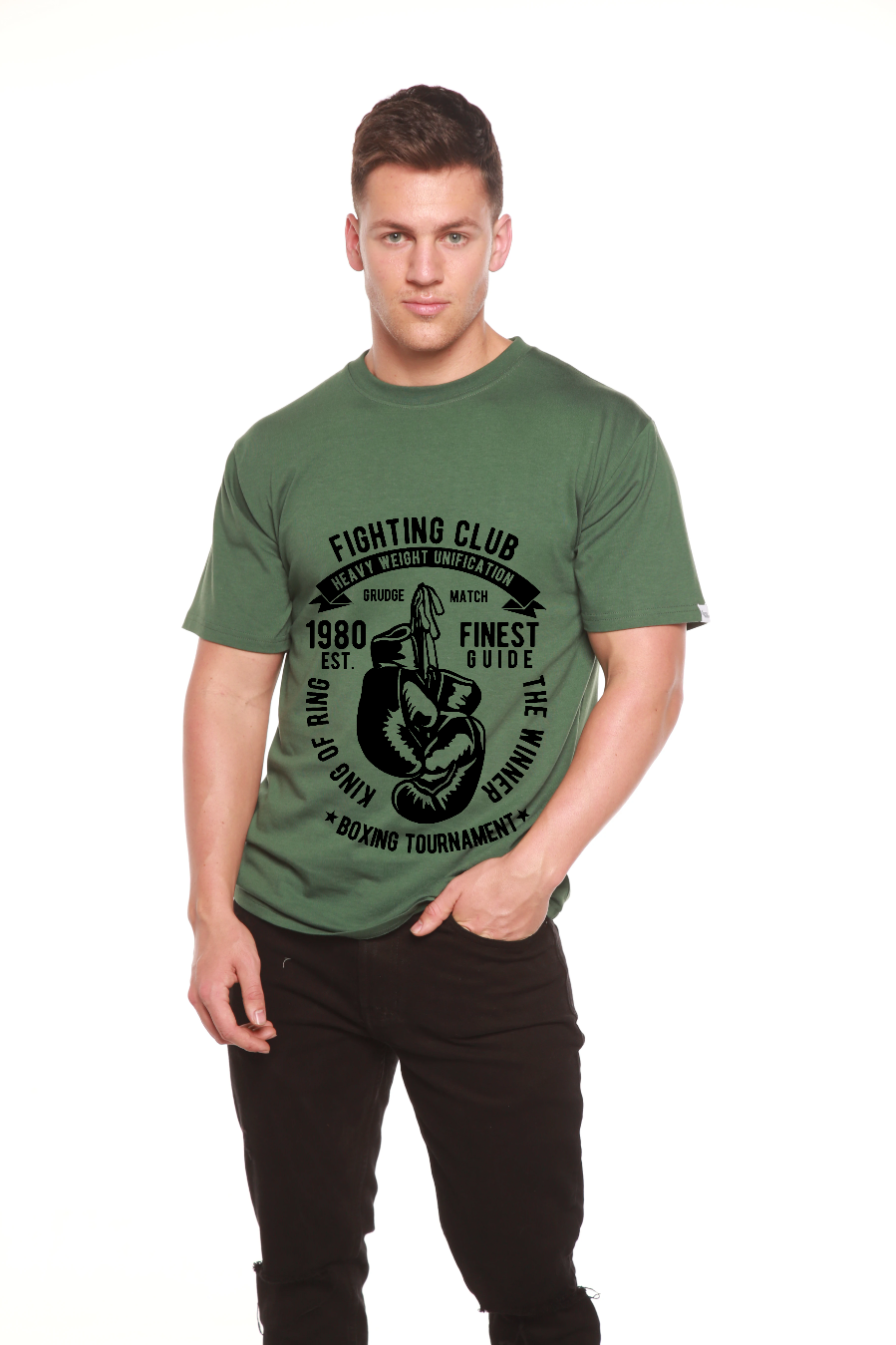 Fighting Club men's graphic T-shirt olive green with boxing glove by Spun Bamboo on Tampa Home & Garden Store