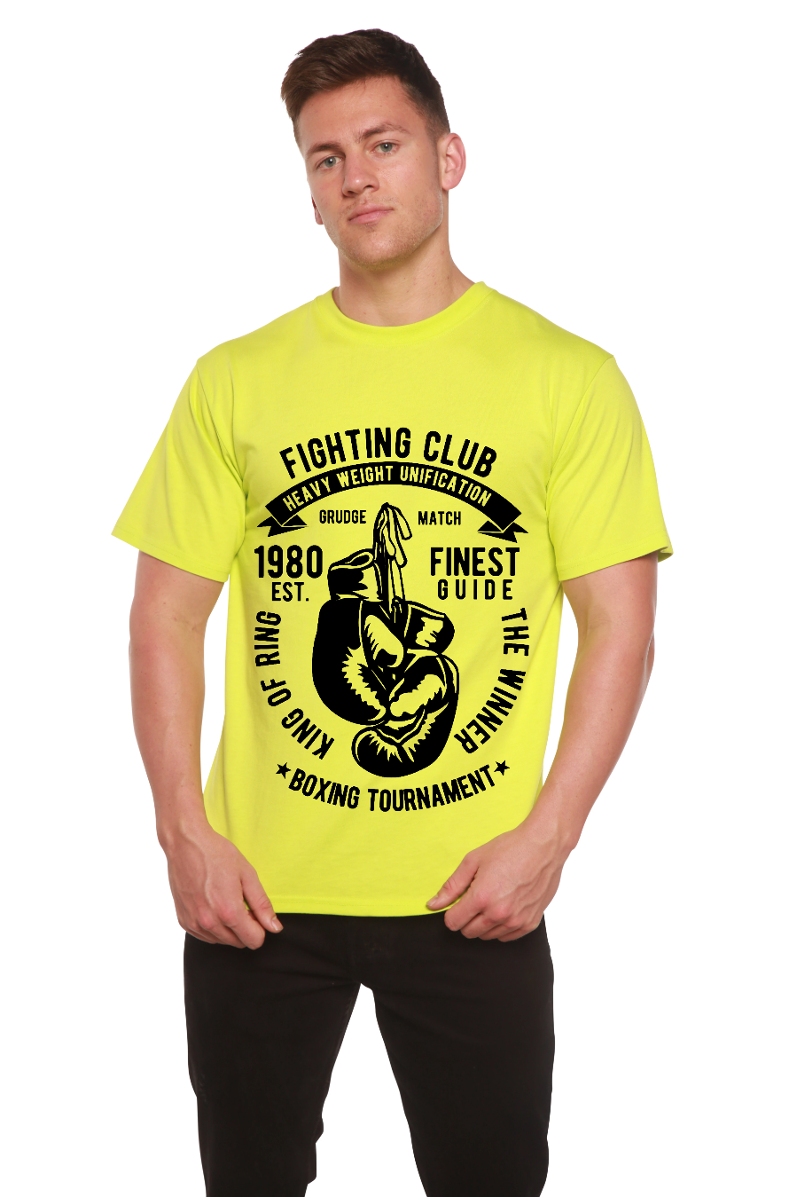 Fighting Club men's yellow T-shirt with black boxing glove graphic; bamboo viscose cotton on Tampa Home & Garden Store