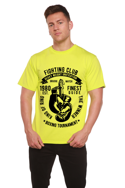 Fighting Club men's yellow T-shirt with black boxing glove graphic; bamboo viscose cotton on Tampa Home & Garden Store
