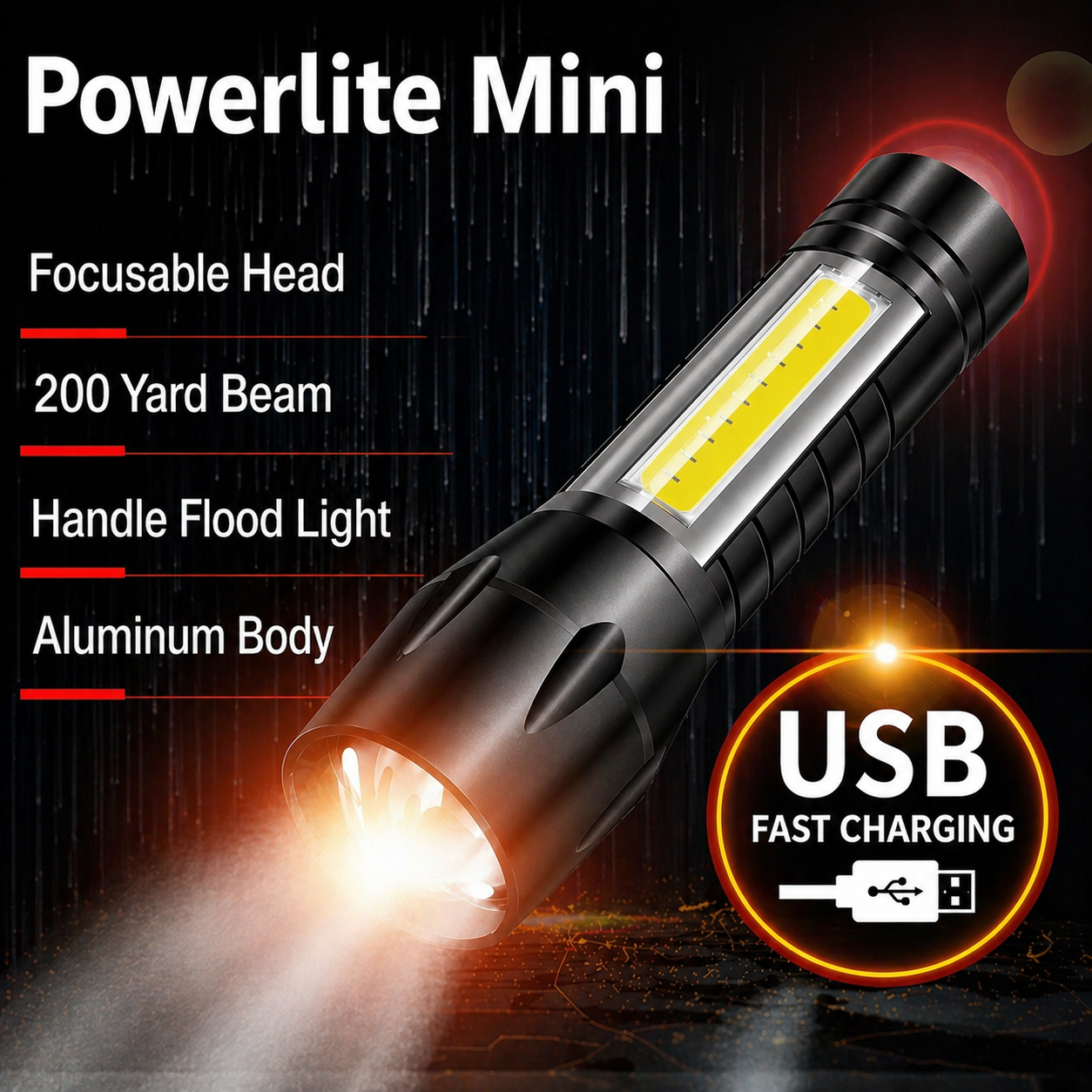 Powerlite Mini handheld torch with aluminum body, focusable head, 200 yd beam USB fast charging on Tampa Home & Garden Store