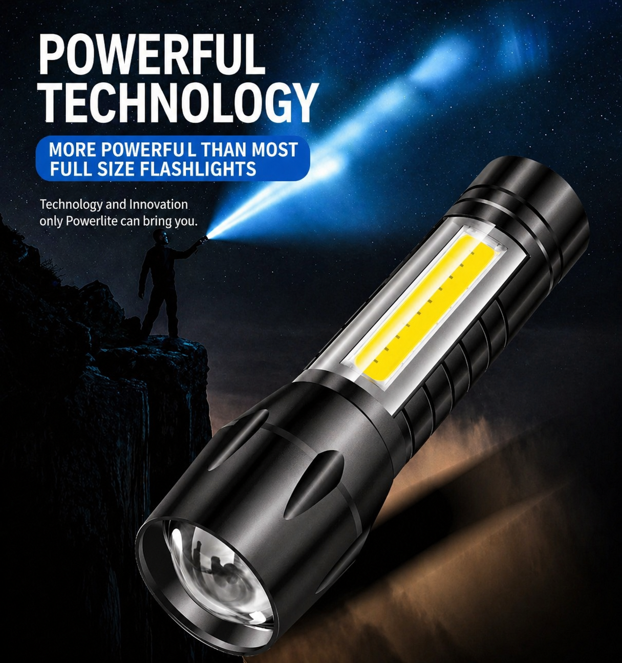 Powerlite Mini handheld torch by Killz Products, black aluminum flashlight with LED strip on Tampa Home & Garden Store