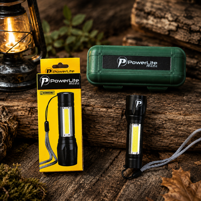 Powerlite mini handheld torch by Killz with black body and yellow LED panel beside case on Tampa Home & Garden Store