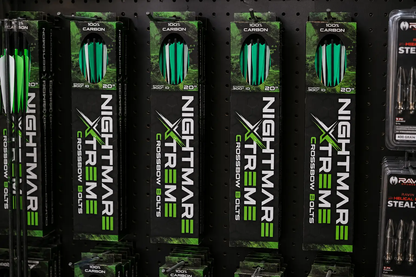Nightmare Xtreme Crossbow Bolts green/black packaging 100% carbon on display 4 packs on Tampa Home & Garden Store