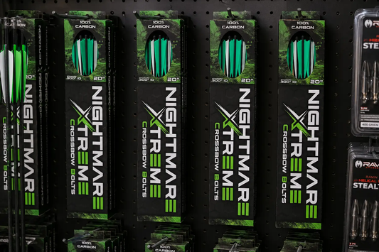 Nightmare Xtreme Crossbow Bolts green/black packaging 100% carbon on display 4 packs on Tampa Home & Garden Store