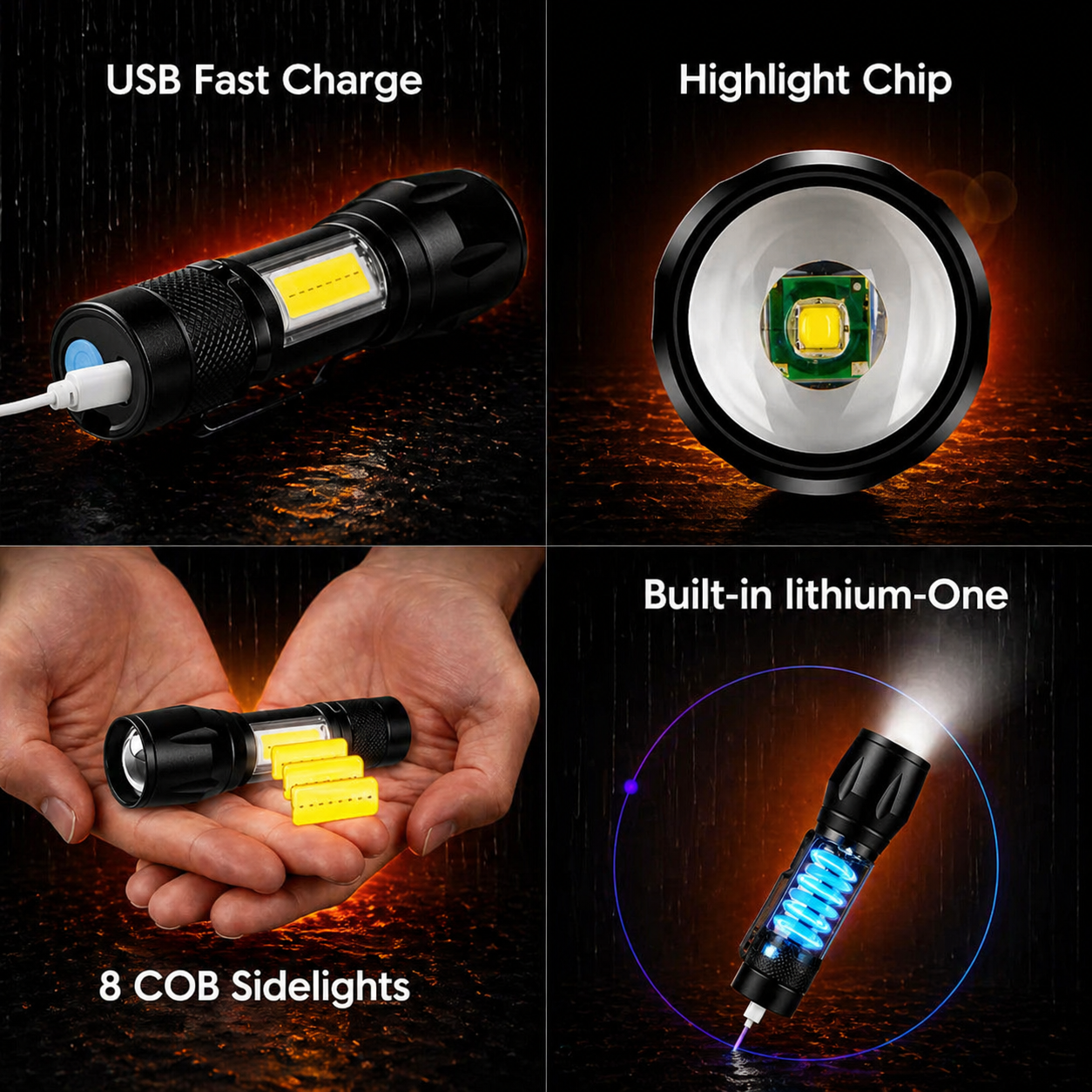 Powerlite Mini black torch Killz USB fast charge, 8 COB sidelights on Tampa Home & Garden Store
