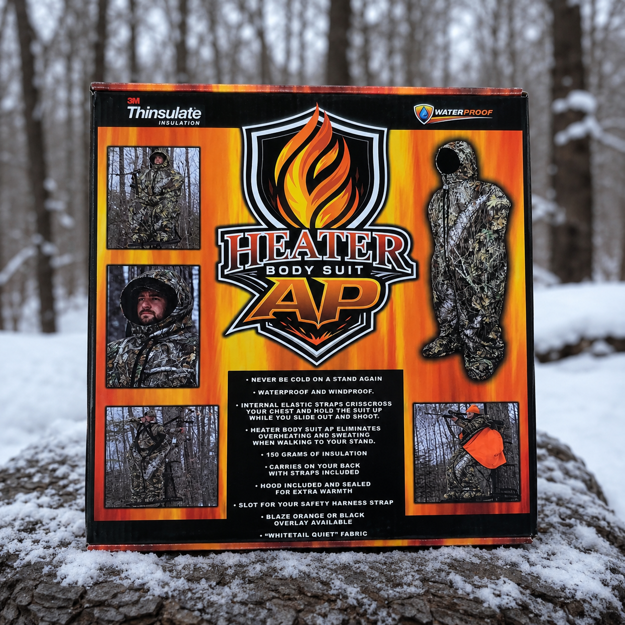 Heater Body Suit AP hunting jacket box with camo imagery and flame logo Killz Products packaging on Tampa Home & Garden Store