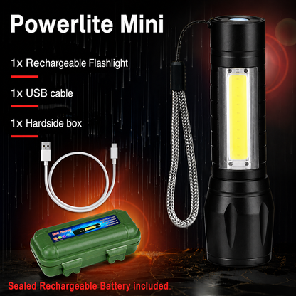 Powerlite Mini handheld flashlight by Killz Products; black body, braided lanyard, USB cable on Tampa Home & Garden Store
