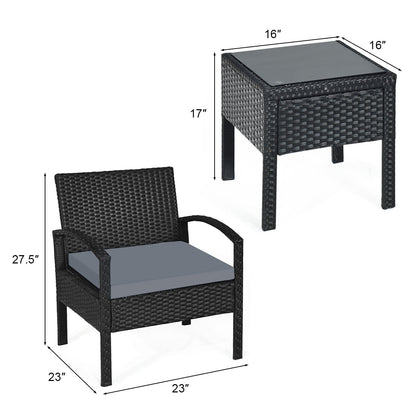 Juego de conversación de patio de ratán para exteriores de 3 piezas con cojines de asiento - Gris