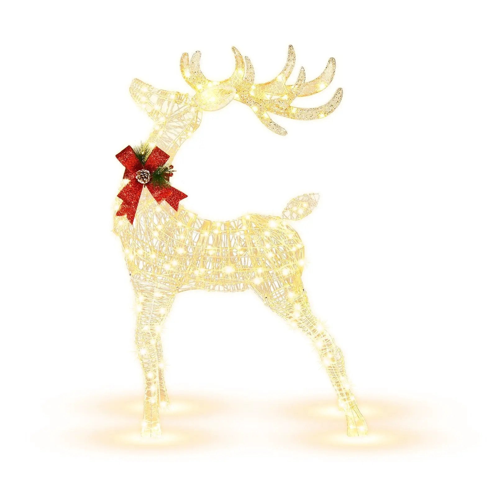 Lighted standing reindeer sculpture in a golden wireframe with warm white LEDs, red bow accents on Tampa Home & Garden Store