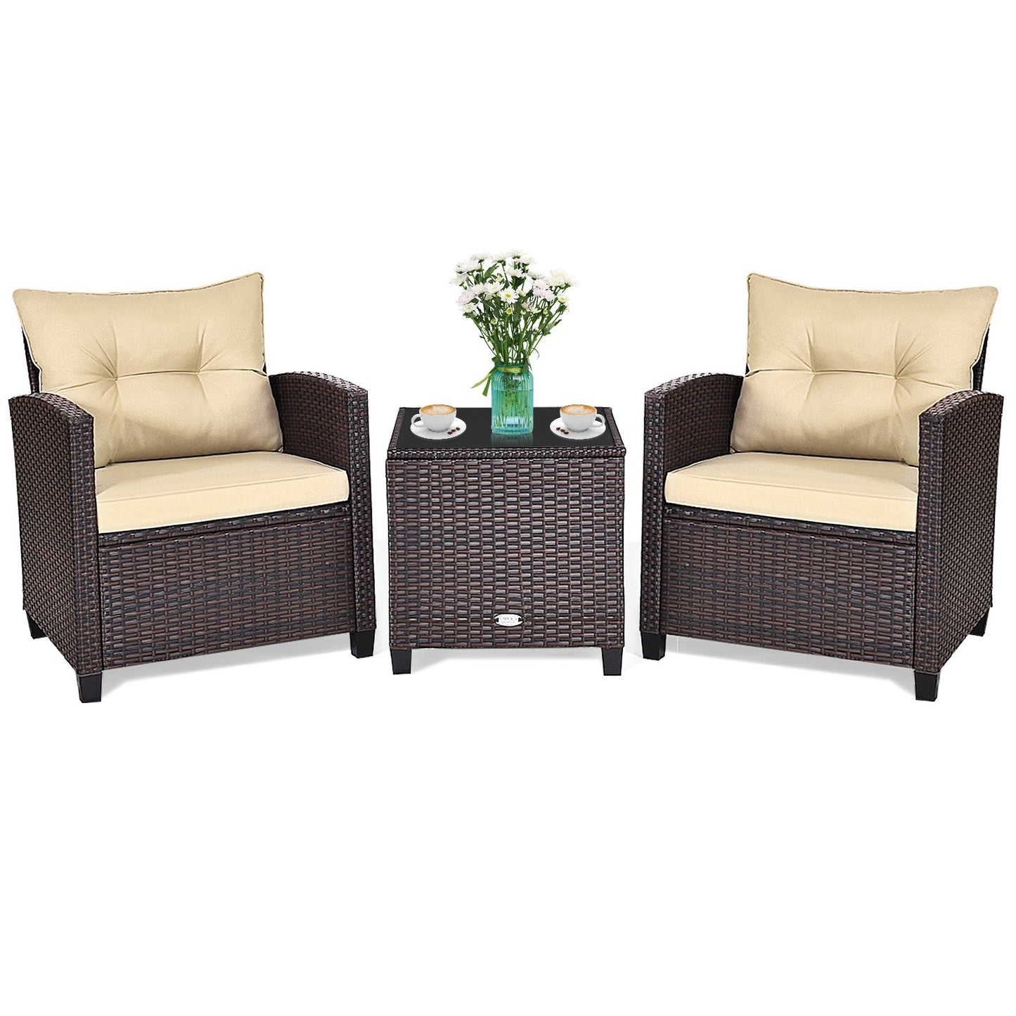 3 Pcs Patio Rattan Furniture Set Cushioned Conversation Set Coffee Table -Black