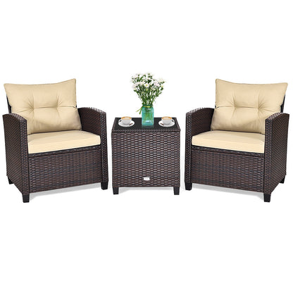 3 Pcs Patio Rattan Furniture Set Cushioned Conversation Set Coffee Table -Black