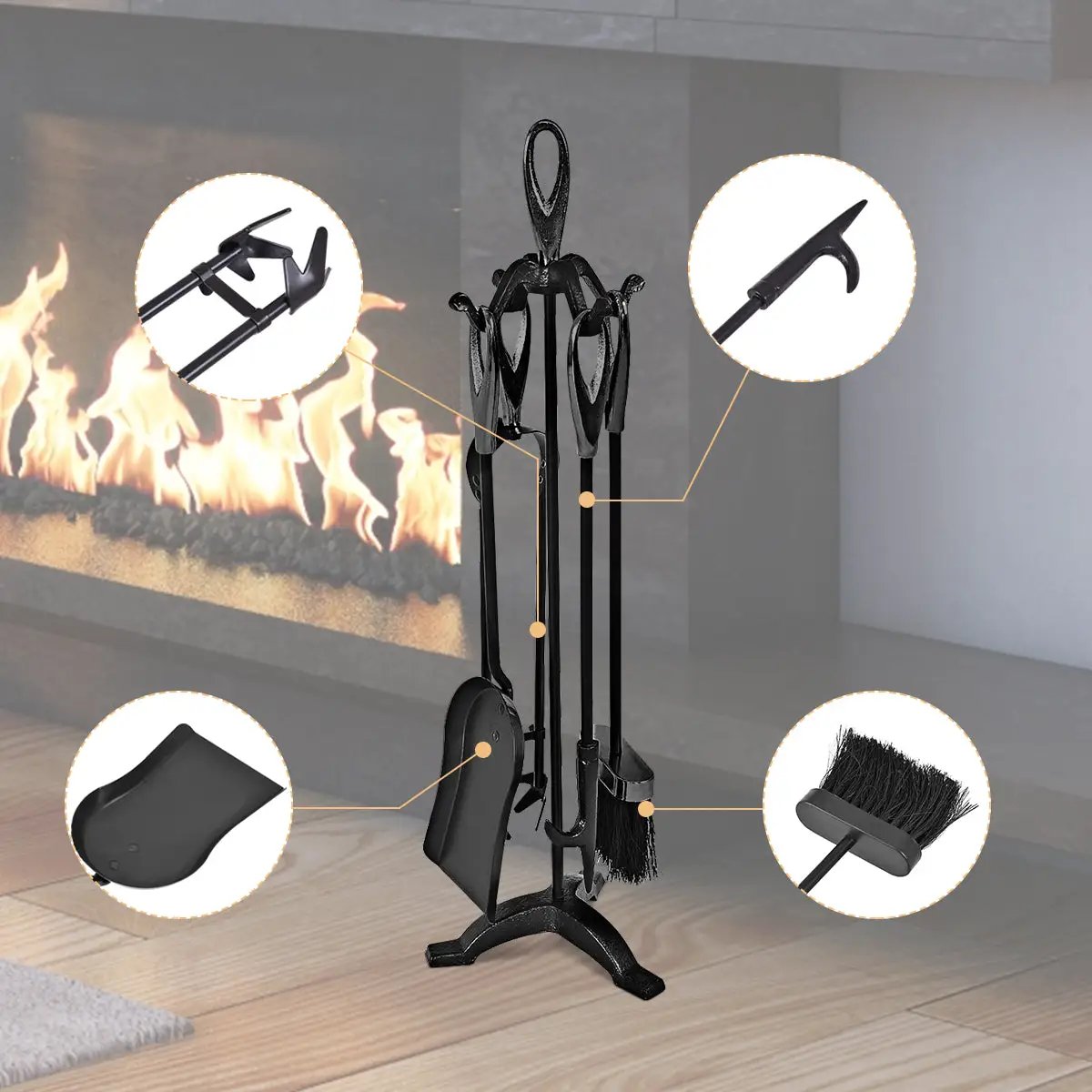 Rustic Wrought Iron Fireplace Tools Set 5 Pieces