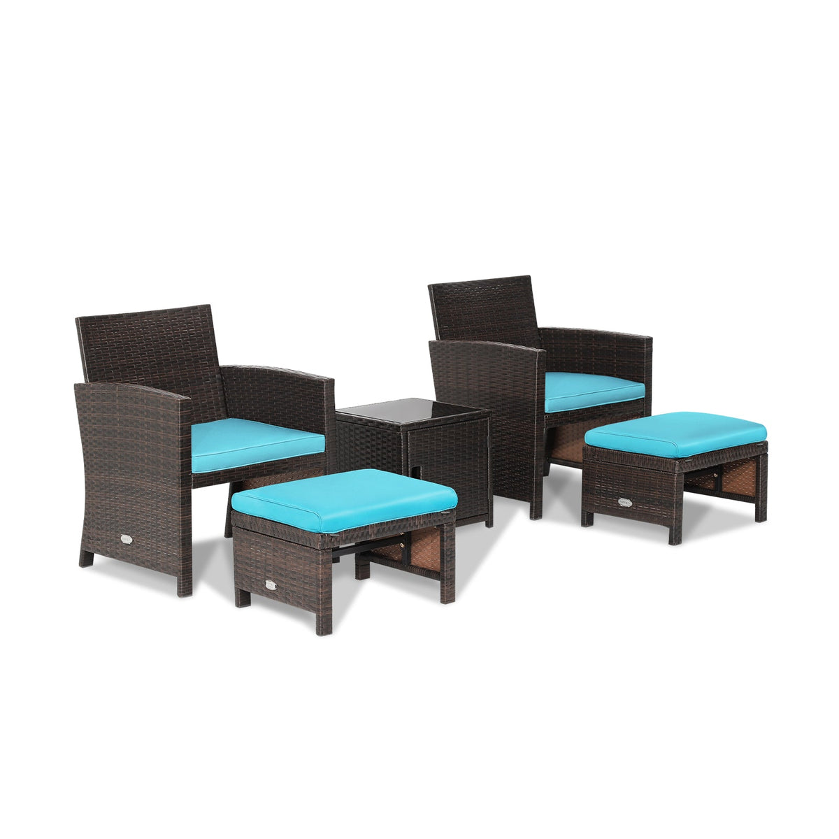 DirectDeals 5-piece patio rattan set with tempered glass table brown wicker blue cushions on Tampa Home & Garden Store