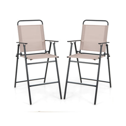 Set of 2 Patio Folding Bar-Height Chairs with Armrests and Quick-Drying Seat-Beige