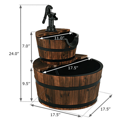 Fuente de barril de madera de dos niveles para exterior con bomba
