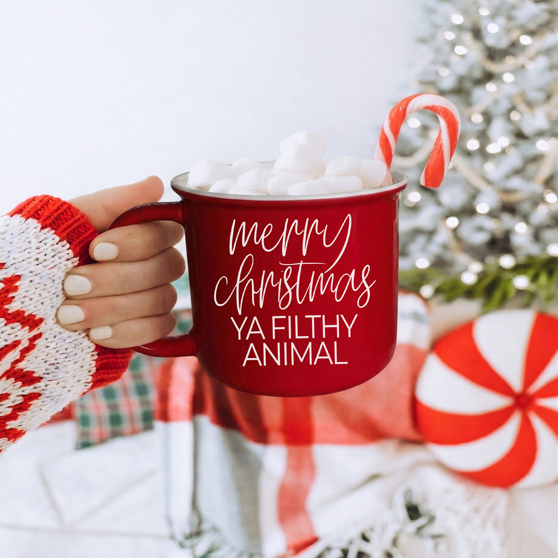 Ya Filthy Animal coffee mug by Gia Roma, red ceramic mug with candy cane and marshmallows on Tampa Home & Garden Store