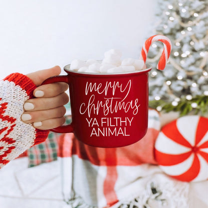 Ya Filthy Animal coffee mug by Gia Roma, red ceramic mug with candy cane and marshmallows on Tampa Home & Garden Store