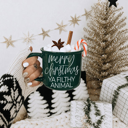 Ya Filthy Animal coffee mug in green with merry Christmas script, marshmallows, candy cane on Tampa Home & Garden Store