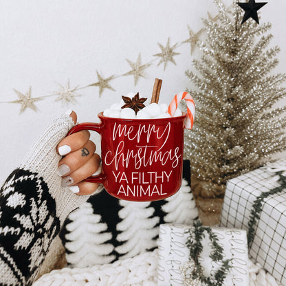 Gia Roma Ya Filthy Animal red coffee mug with marshmallows, candy cane and cinnamon sticks on Tampa Home & Garden Store