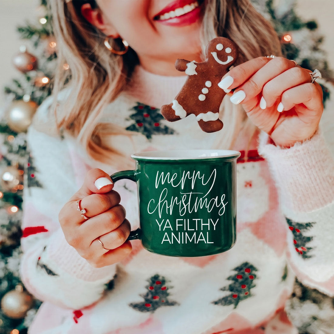 Gia Roma Ya Filthy Animal mug, green ceramic with merry christmas text, gingerbread man cookie on Tampa Home & Garden Store