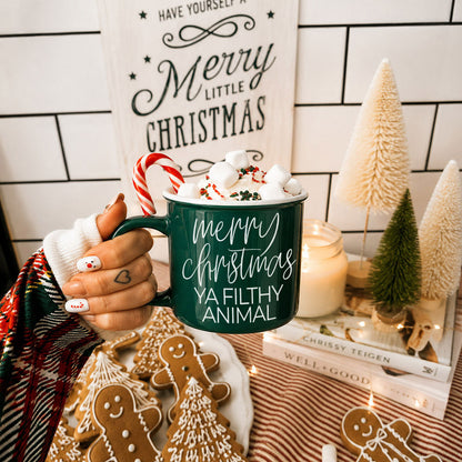 Ya Filthy Animal mug by Gia Roma, dark green ceramic with white script, candy cane included on Tampa Home & Garden Store