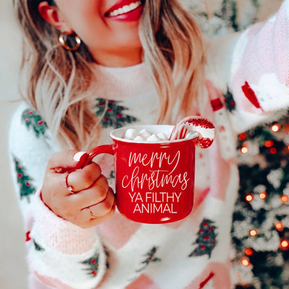 Coffee mug red Gia Roma Ya Filthy Animal PRE-ORDER with white script, marshmallows, candy cane on Tampa Home & Garden Store