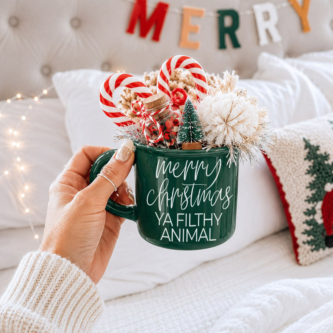 Gia Roma Ya Filthy Animal mug in green with candy canes and mini trees on Tampa Home & Garden Store