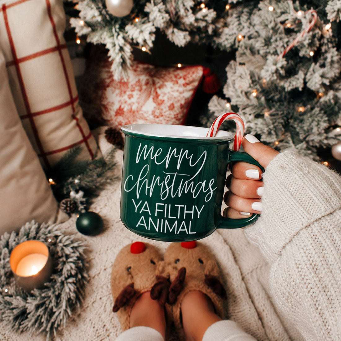 Ya Filthy Animal Mug by Gia Roma, green ceramic with white script and candy cane in mug on Tampa Home & Garden Store