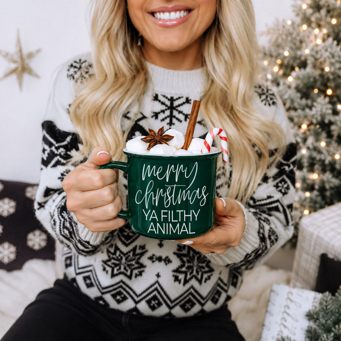 Gia Roma Ya Filthy Animal coffee mug green ceramic marshmallows and candy cane held by a woman on Tampa Home & Garden Store