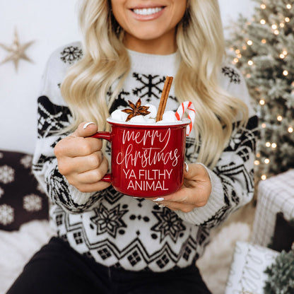 red ceramic Ya Filthy Animal coffee mug with white script, marshmallows and cinnamon stick on Tampa Home & Garden Store