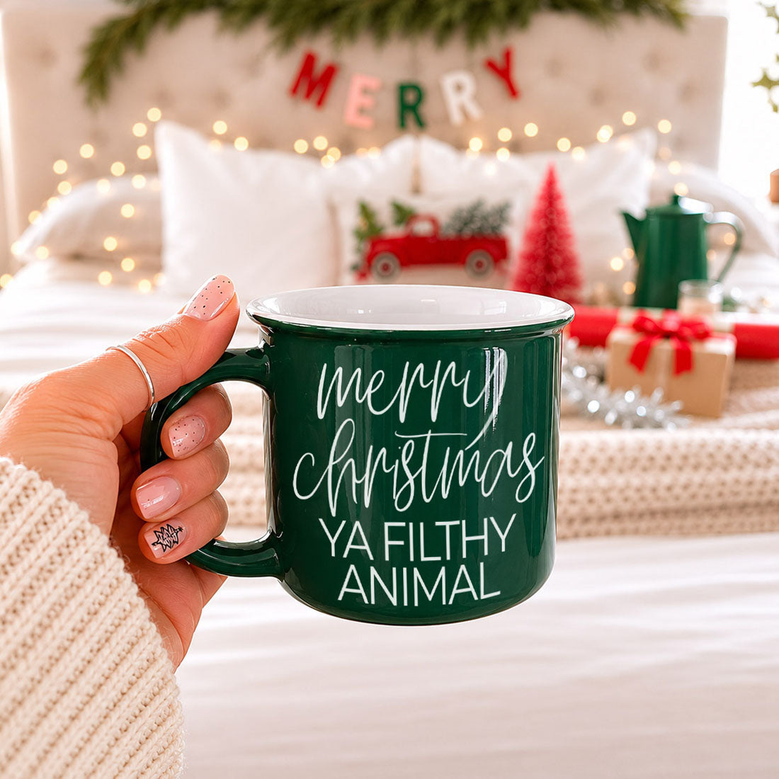 Ya Filthy Animal coffee mug by Gia Roma, green ceramic with white Merry Christmas script on Tampa Home & Garden Store