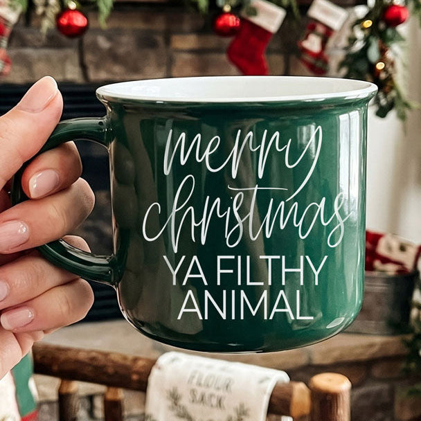 Ya Filthy Animal coffee mug by Gia Roma, green ceramic with white merry christmas text on Tampa Home & Garden Store