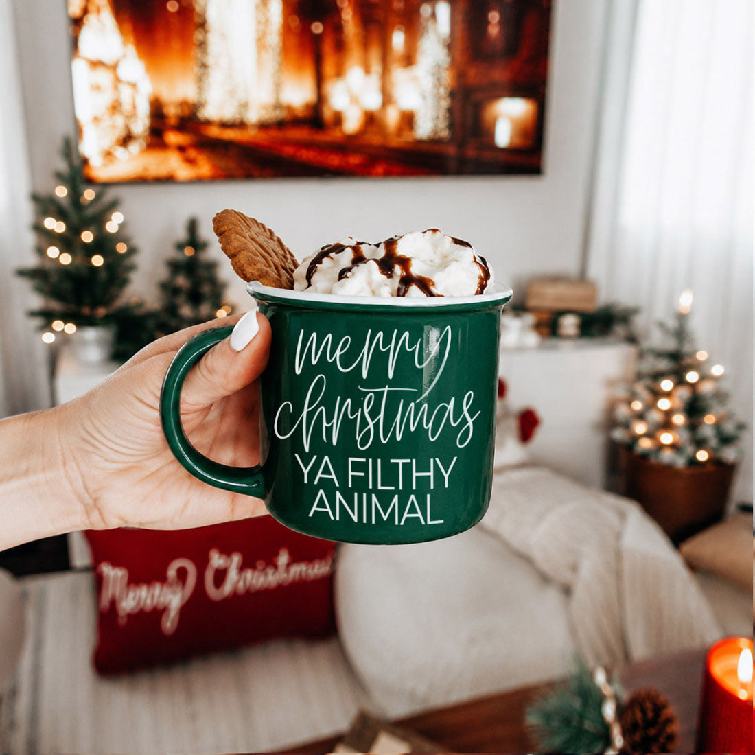 Ya Filthy Animal green ceramic coffee mug by Gia Roma with whipped cream on Tampa Home & Garden Store