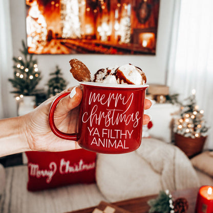 Coffee mug red ceramic Gia Roma with white script Merry Christmas Ya Filthy Animal on Tampa Home & Garden Store