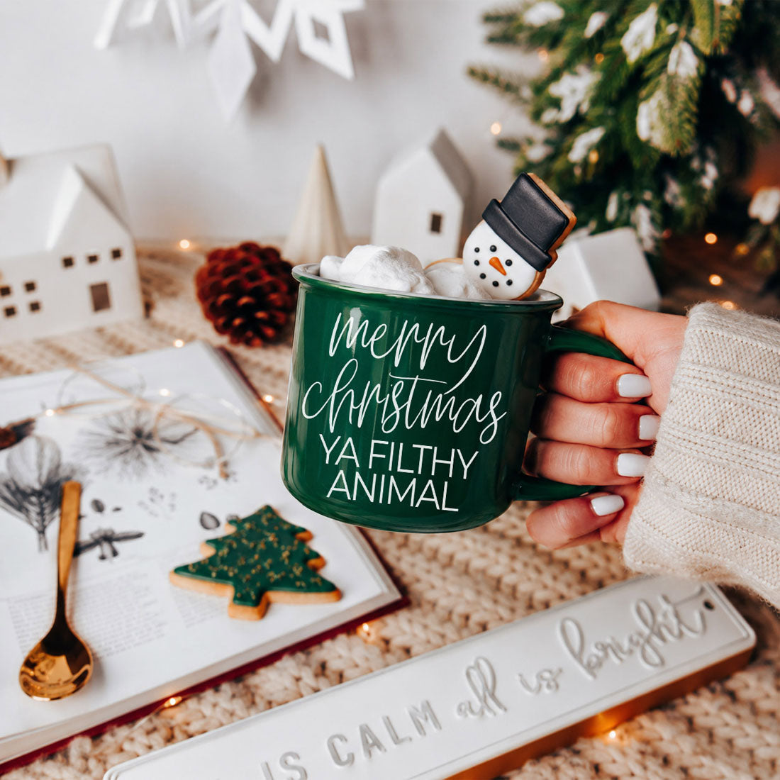 Ya Filthy Animal coffee mug by Gia Roma, green ceramic with marshmallows and a snowman cookie on Tampa Home & Garden Store