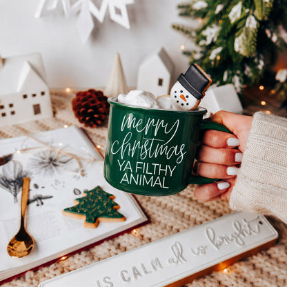 Ya Filthy Animal coffee mug by Gia Roma, green ceramic with marshmallows and a snowman cookie on Tampa Home & Garden Store