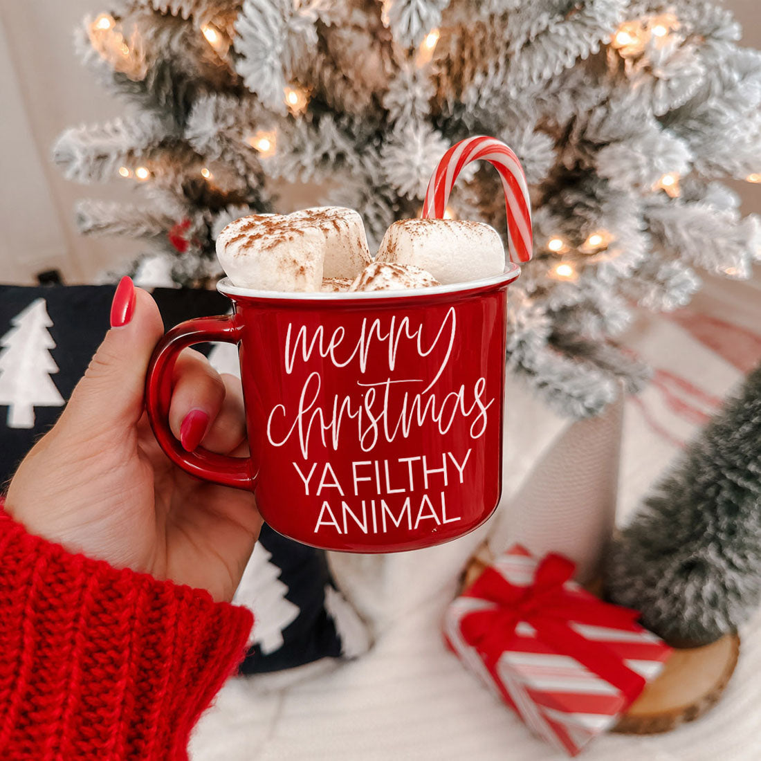 Coffee mug Gia Roma red with merry christmas YA FILTHY ANIMAL, marshmallows and candy cane on Tampa Home & Garden Store