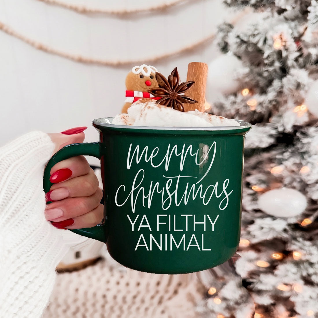 Ya Filthy Animal mug by Gia Roma, green ceramic with white script, whipped cream topping on Tampa Home & Garden Store