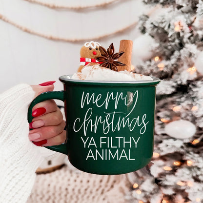 Ya Filthy Animal mug by Gia Roma, green ceramic with white script, whipped cream topping on Tampa Home & Garden Store